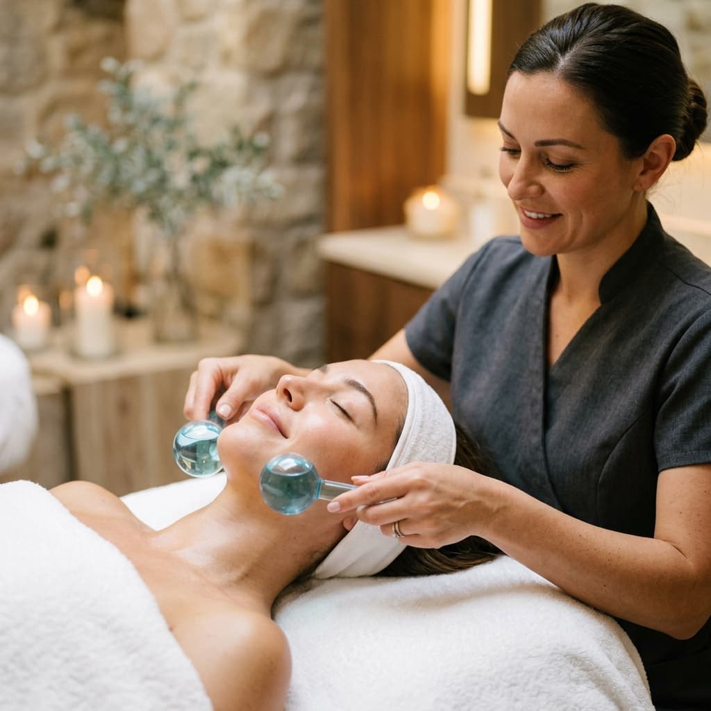 Therapist massaging face using glass quartz spheres